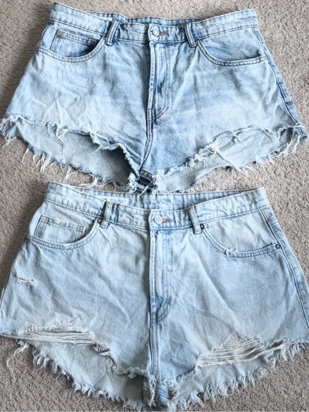 Lot of 2 Zara Distressed Denim Shorts Women's Size 12, Light Wash Frayed
